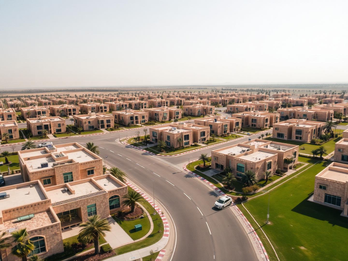 Aerial daylight view of a modern Dubai residential community